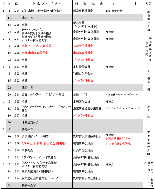 2026-2027年度(後期)例会スケジュール